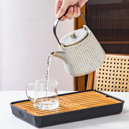 Yundu Grey with Blue Ceramic Teapots, 1000ml/33.8oz Tea Kettle, Enough for 4 Cups, Tea pot with infusers for loose tea, Striped Tea Pot with Removable Tea infuser