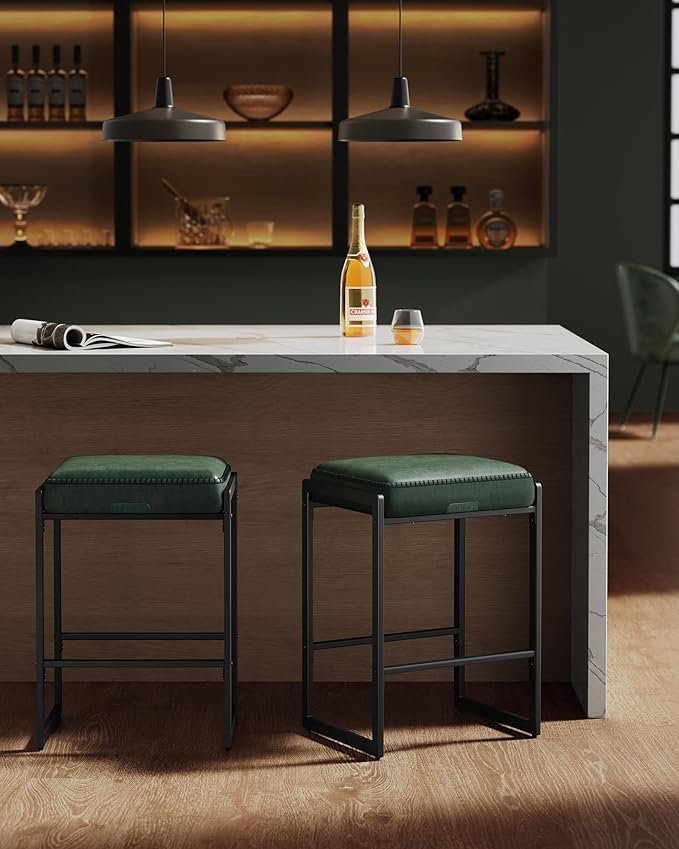 VASAGLE EKHO Collection - Bar Stools Set of 2, Counter Height Bar Stools, Synthetic Leather with Stitching, Mid-Century Modern Counter Stools, 26-Inch Tall, Kichen Home Bar Dining Room, Forest Green