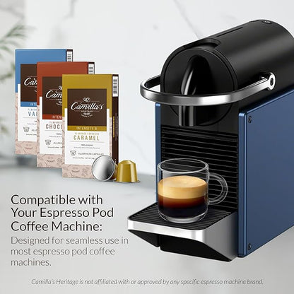 Camilla’s Heritage - Intensity 8 Flavored Espresso Coffee Variety Pack (Gourmet Chocolate, Vanilla & Caramel Espresso Cups) 60 Coffee Pods