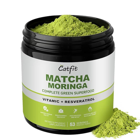 Catfit Matcha Powder with Moringa, Green Tea and Resveratrol, 4-in-1 Superfood for Energy, Immune, Digestion and Antioxidant Support, Vegan, Gluten-Free, 5.64 oz
