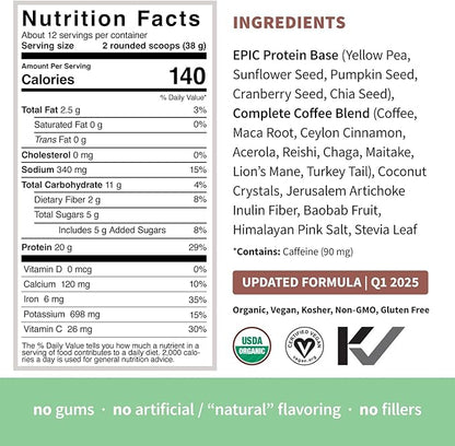 Sprout Living, Epic Protein, Plant Based Protein & Superfoods Powder, Complete Coffee | 20 Grams Organic Protein Powder, Adaptogens, Mushrooms, Vegan, Non-GMO, Gluten Free (1 Pound, 12 Servings)