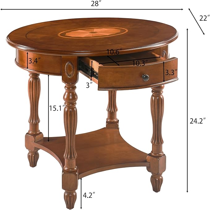 Solid Wood Oval End Table with Drawer and Shelf, 28" Traditional Vintage Side Table Polished Edging Sofa Table Bedside Nightstand for Living Room Bedroom, Beewax