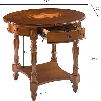 Solid Wood Oval End Table with Drawer and Shelf, 28" Traditional Vintage Side Table Polished Edging Sofa Table Bedside Nightstand for Living Room Bedroom, Beewax