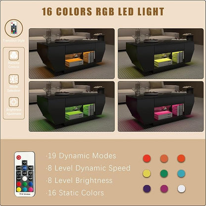 42" Black Modern Coffee Table for Living Room, High Glossy Wooden Living Room Table with Storage, Led Rectangular Coffee Tables with 2 Drawers, Wood Center Table for Reception Dinning Room