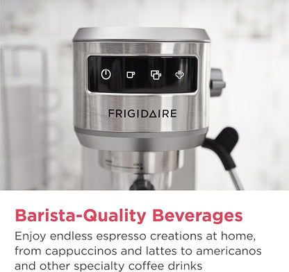 Frigidaire Steam Espresso Maker, Coffee Machine with Milk Frother & Cup Warmer, 20 Bar Pressure, 34 oz Removable Water Tank, Single or Double Shot, Stainless Steel