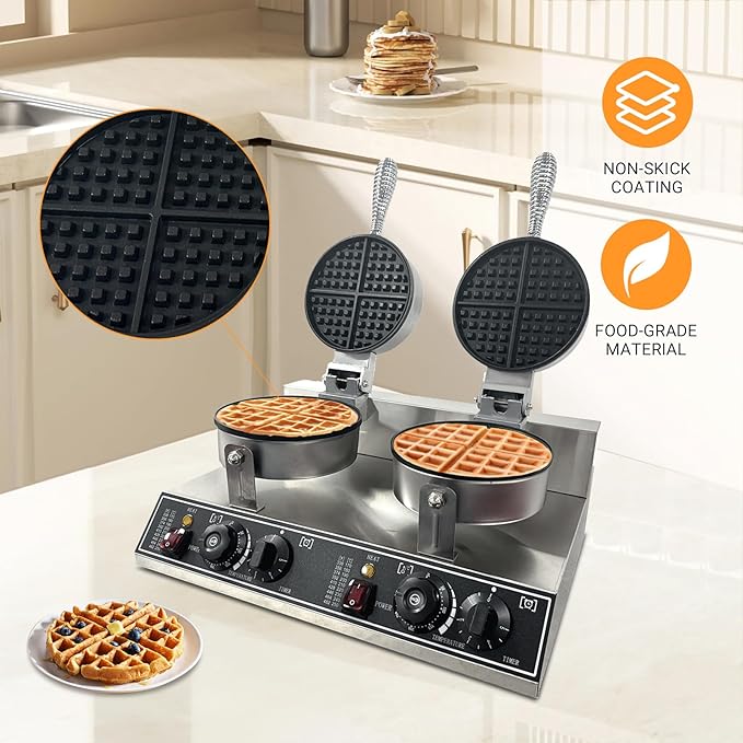 Double Head Commercial Waffle Maker, 2400W Stainless Steel Nonstick Waffle Iron with 122℉ to 572℉ Temp Range & Time Control, Perfect for Home Cafe Restaurant Snack Bar Bakeries