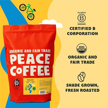 Peace Coffee Twin Cities Blend | 5 lb Ground Dark Roast | Organic Fair Trade | Smooth, Inviting Flavor | Shade Grown, Fresh Roasted