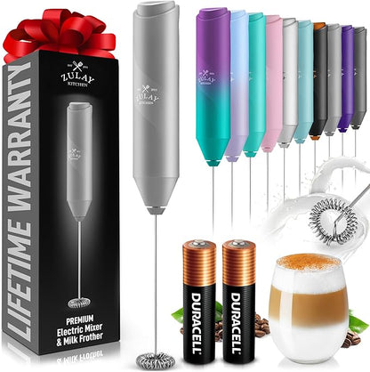 Zulay Kitchen Milk Frother Handheld with 2 Duracell AA Batteries – Electric Drink Mixer for Coffee, Lattes, Cappuccinos, Matcha & Hot Chocolate – Portable Foam Maker & Coffee Bar Accessory