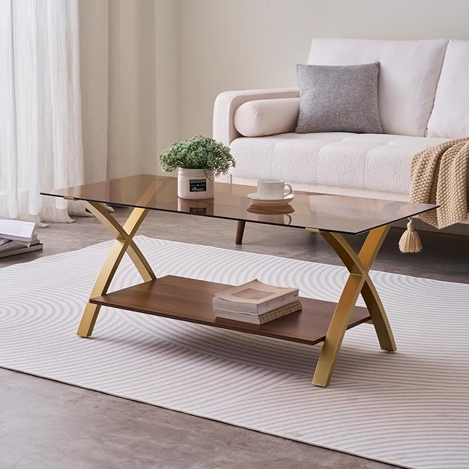 Coffee Table for Living Room and Bedroom, 2-Tier Mid-Century Modern Table with Amber Tempered Glass Top and Walnut Finish Wood Shelf, Strong Metal Legs with Gold Finish