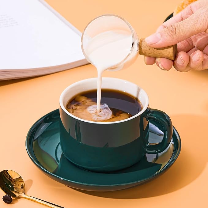 7 oz Coffee Cups with Saucers Spoons - Set of 6 Cappuccino Cups, Dark Green Porcelain Cups Serving for Tea Espresso Latte Mocha