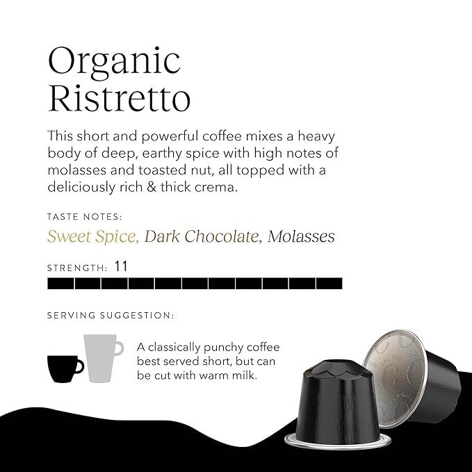 Cru Kafe Ristretto USDA Organic Espresso Coffee Capsules (50 Pods) Fairtrade Coffee Pods Compatible with Nespresso Original Line and Pixie Machines