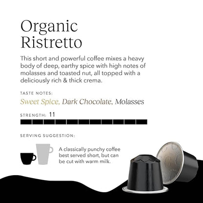 Cru Kafe Ristretto USDA Organic Espresso Coffee Capsules (50 Pods) Fairtrade Coffee Pods Compatible with Nespresso Original Line and Pixie Machines
