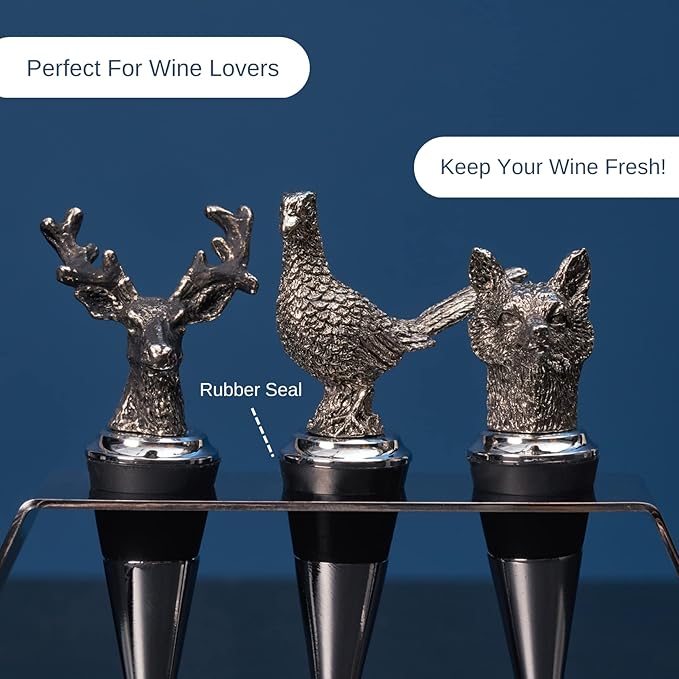 Regent Stainless Steel 3-Piece Animal Stoppers Set (Trapezium Holder) Classic Design 3 Piece Wine Stopper Set, Bottle Stoppers with stand - Set of 3