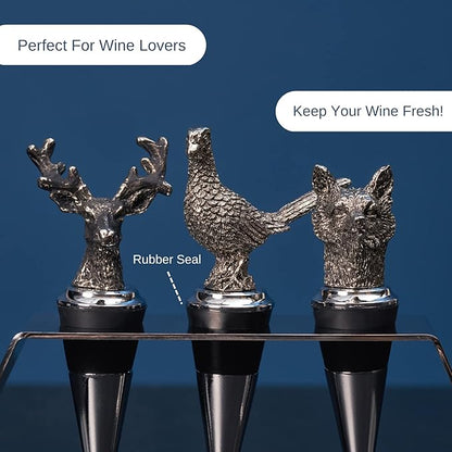Regent Stainless Steel 3-Piece Animal Stoppers Set (Trapezium Holder) Classic Design 3 Piece Wine Stopper Set, Bottle Stoppers with stand - Set of 3