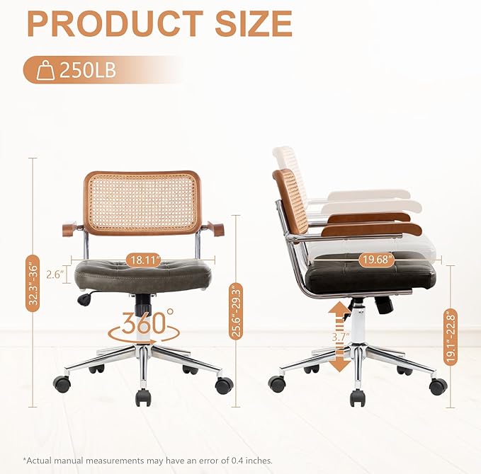 Genuine Leather Rattan Office Chairs, Modern Rattan Desk Chair with Natural Back & Wood Armrest, Small Upholstered Tufted Cowhide Home Office Desk Chairs for Home Office, Bedroom, Study, Olive Green