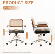 Genuine Leather Rattan Office Chairs, Modern Rattan Desk Chair with Natural Back & Wood Armrest, Small Upholstered Tufted Cowhide Home Office Desk Chairs for Home Office, Bedroom, Study, Olive Green