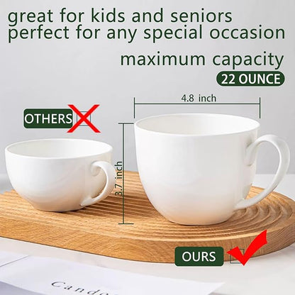 Chulan 22 oz Extra Large Bone China Cereal Mug Set of 4, Oversize White Ceramic Latte Mugs, Jumbo Soup Mugs Coffee Cups with Handles for Chocolate Cocoa Beverage Milk Salads Yogurt, Microwave Safe