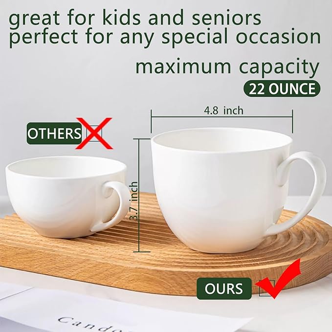 Chulan 22 oz Extra Large Bone China Cereal Mug Set of 4, Oversize White Ceramic Latte Mugs, Jumbo Soup Mugs Coffee Cups with Handles for Chocolate Cocoa Beverage Milk Salads Yogurt, Microwave Safe