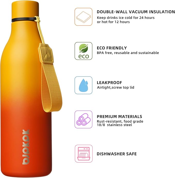 BJPKPK Insulated Water Bottles, 25 oz Stainless Steel Metal Water Bottle with Strap, BPA Free Leak Proof Jugs, Mugs, Flasks, Reusable Thermal Flasks for Sports & Travel, Sunset Orange
