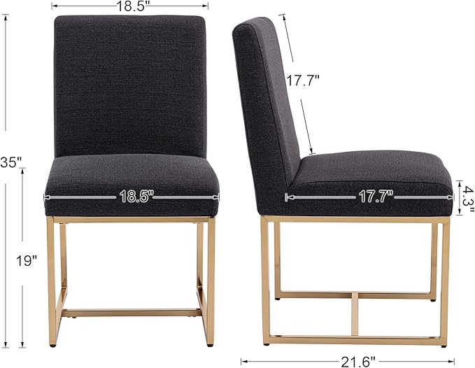 CIMOTA Black Modern Dining Chairs Set of 2, Upholstered Dining Room Chairs Armless Guest Side Chair with Gold Base for Dining Room/Kitchen, Charcoal Black, 2PCS