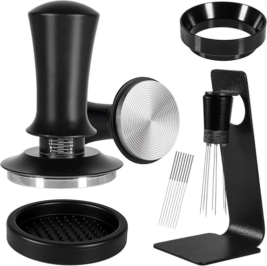 Espresso Accessories Kit 53.5mm, Coffee Tamper with Spring Loaded Calibration, 316 Stainless WDT Tool with Magnetic Stand and Dosing Funnel Set Fits Espresso Machine Press and 53.5mm Portafilters