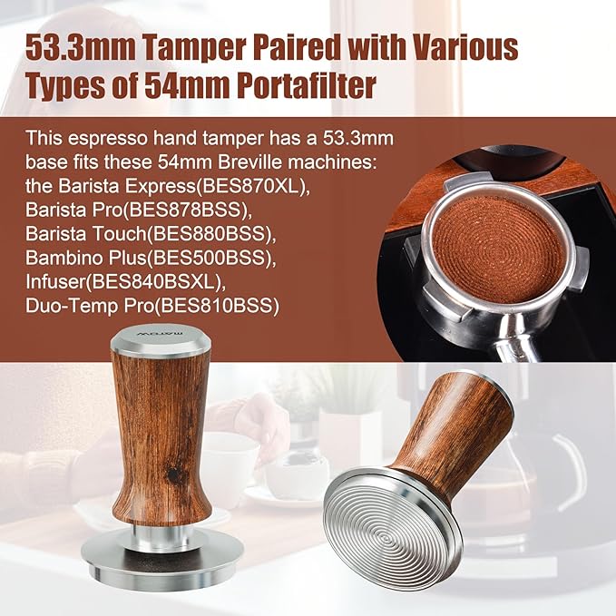 53.3mm Espresso Hand Tamper, MATOW Calibrated Spring Loaded Coffee Tamper with Stainless Steel Ripple Base, 30lbs Espresso Tamper with Red Rosewood Handle Compatible with Breville 54mm Portafilter