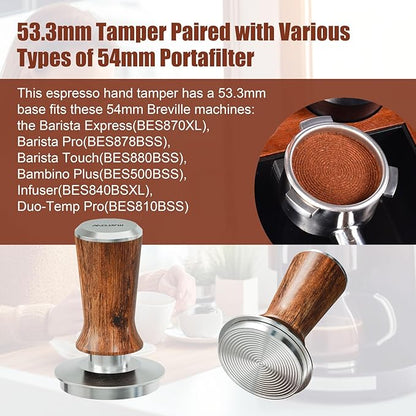 53.3mm Espresso Hand Tamper, MATOW Calibrated Spring Loaded Coffee Tamper with Stainless Steel Ripple Base, 30lbs Espresso Tamper with Red Rosewood Handle Compatible with Breville 54mm Portafilter