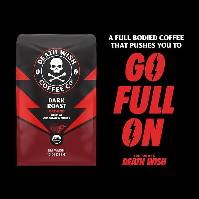 Death Wish Coffee, Organic and Fair Trade Dark Roast Ground Coffee, 16 oz