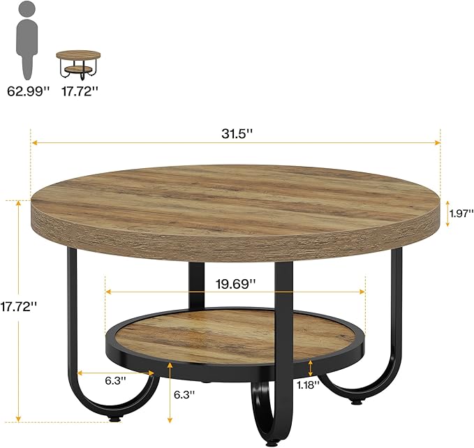 Tribesigns Round Coffee Table, 31.5" Modern Wood Circle Center Table with Storage Shelf and Metal Frame, 2-Tier Industrial Accent Cocktail Table for Living Room, Small Space, Apartment, Brown