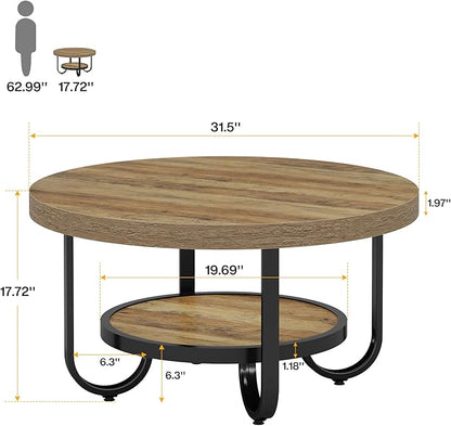 Tribesigns Round Coffee Table, 31.5" Modern Wood Circle Center Table with Storage Shelf and Metal Frame, 2-Tier Industrial Accent Cocktail Table for Living Room, Small Space, Apartment, Brown
