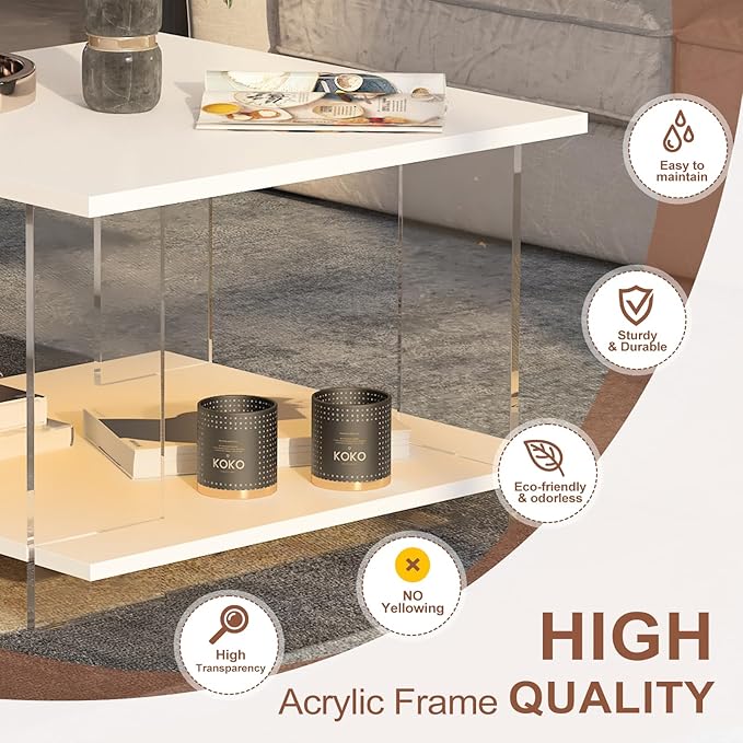 24" Acrylic Coffee Table with White Wood Tabletop, Minimalist Stylish Modern Square Center Table for Living Room,Led Living Room Table with Storage Shelf & Acrylic Frame for Small Space