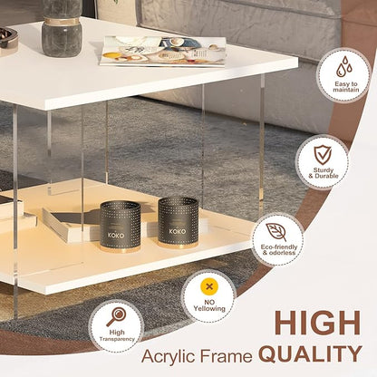 24" Acrylic Coffee Table with White Wood Tabletop, Minimalist Stylish Modern Square Center Table for Living Room,Led Living Room Table with Storage Shelf & Acrylic Frame for Small Space