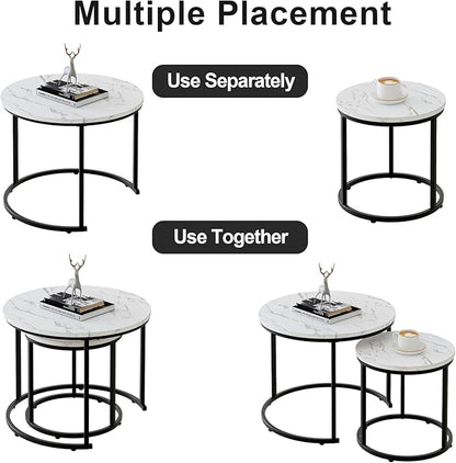 aboxoo Round Nesting Coffee Table Side Table Set of 2 End Tables for Living Room Bedroom Balcony, White Faux Marble Wooden Table Accent Coffee Table with Black Steel Frame