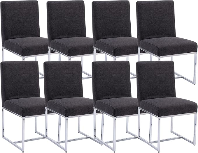CIMOTA Black Modern Dining Chairs Set of 8, Upholstered Dining Room Chairs Armless Guest Side Chair with Chrome Base for Dining Room/Kitchen, Charcoal Black, 8PCS