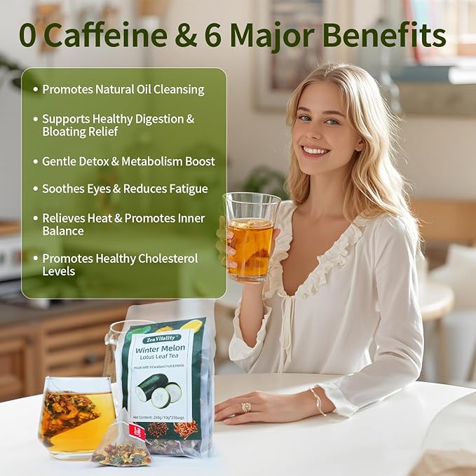 ZenVitality Oil Cleansing Tea Supports Fat Metabolism|Cholesterol Health|Digestive Health Winter Melon Lotus Leaf Tea with Chrysanthemum|Rose|Lemon|Cassia Seed|Hawthorn|Orange Peel|Buckwheat 10g*25Bag