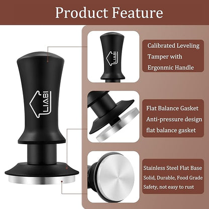 Coffee Tamper 51mm, Espresso Tamper with 2 Spring Loaded Tamper, Barista Coffee Tamper Tools with Aluminum Tamper Stand Holder, 100% Stainless Steel Flat Base Tamper for Espresso Machine(Black)