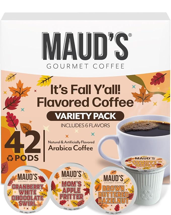 Maud's Fall Flavored Coffee Pods Variety Pack, 42ct, 6 Assorted Flavors, Medium Roast Coffee in Recyclable Single Serve Pods – 100% Arabica Beans, Compatible with Keurig K Cups Maker