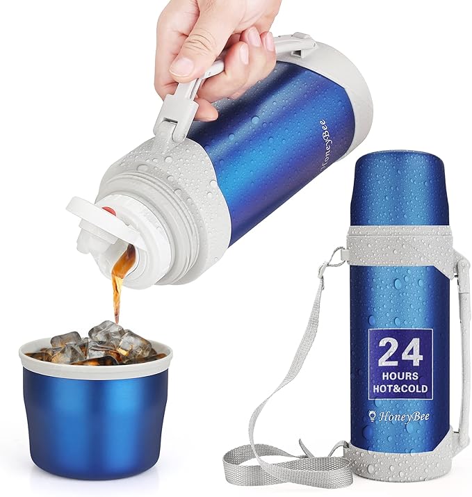HoneyBee Hot Drinks Keeps Liquid Hot or Cold for Up to 24 Hours Thermos 41 Ounce Coffee Thermos 18/8 Stainless Steel Bpa-Free Insulated Flask，Flask for Hot Water (Blue)