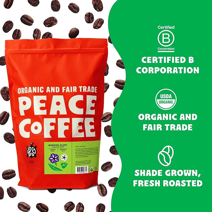 Peace Coffee Morning Glory Signature Blend | 5 lb Ground Light Roast | Organic Fair Trade | Smooth, Mild Flavor | Shade Grown, Fresh Roasted