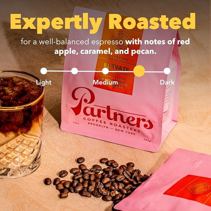 PARTNERS COFFEE ROASTERS - Whole Bean Coffee (Elevate - Espresso, Medium Roast) 12oz - Well-Balanced, Comfortable Espresso - Red Apple, Caramel, Pecan Pie - Coffee Beans - Roasted in New York City