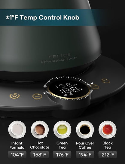 Electric Kettles, INTASTING Gooseneck Electric Kettle, ±1℉ Temperature Control, Stainless Steel Inner, Quick Heating, for Pour Over Coffee, Brew Tea, Boil Hot Water, 0.9L (Forest Green)