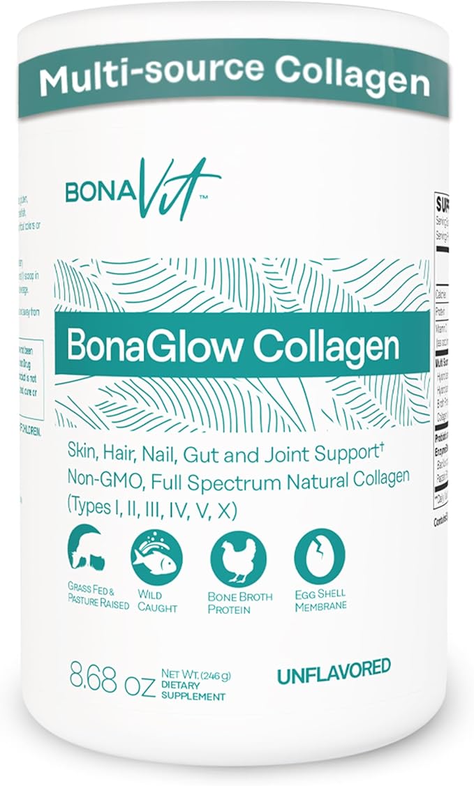BonaGlow - Hydrolyzed Collagen Types I, II, III, IV, V, X - Premium Blend - 24 Servings - with Vitamin C, Digestive Enzymes - Sugar-Free, Non-GMO, Paleo-Friendly - Skin, Hair, Nails.