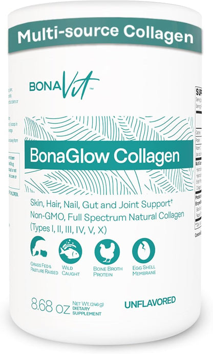 BonaGlow - Hydrolyzed Collagen Types I, II, III, IV, V, X - Premium Blend - 24 Servings - with Vitamin C, Digestive Enzymes - Sugar-Free, Non-GMO, Paleo-Friendly - Skin, Hair, Nails.