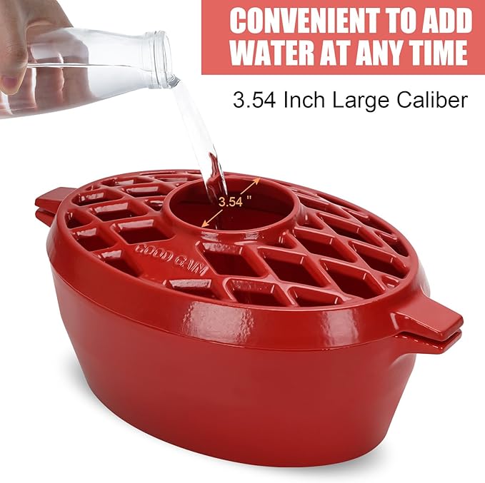 G Good Gain Wood Stove Steamer, Fireplace Humidifier, Cast Iron Humidifier for Stove, Matte Black Finish, Rust Resistant, Lattice Top, 2.5 Quart Capacity, Wood Burning Stove Indoor Decorative. RED