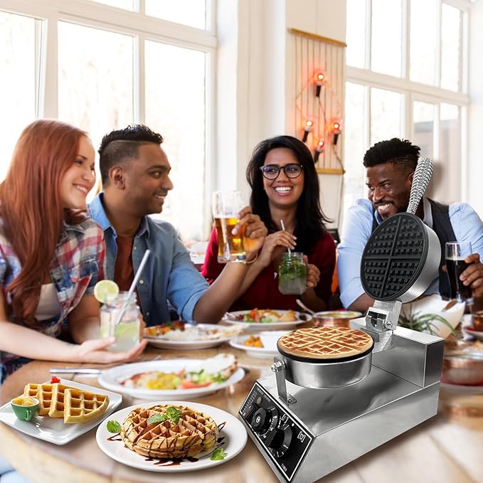 Commercial Waffle Maker, 1200W Stainless Steel Nonstick Round Waffle Iron with 122℉ to 572℉ Temp Range & Time Control, for Household Bakeries Snack Bar