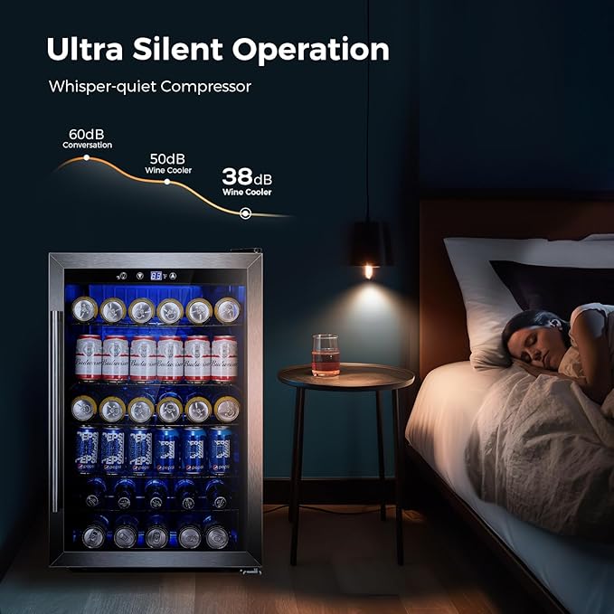 Kismile 4.5 Cu.ft Beverage Refrigerator and Cooler, 145 Can Mini Fridge Glass Door,Digital Temperature Display for Soda, Beer or Wine, Small Drink Dispenser Cooler for Home, Office or Bar(Silver)