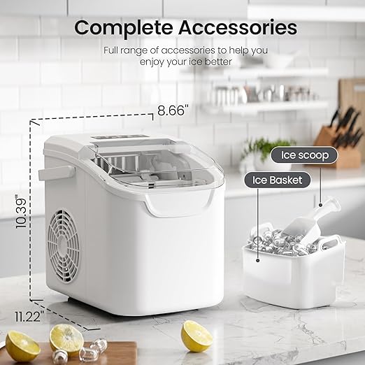 Kismile Ice Makers Countertop with Handle,8 Cubes in 6 Mins,Portable Ice Maker Machine with Self-Cleaning for Home/Office(White)