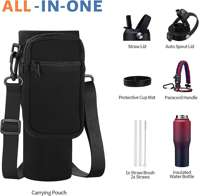 32/40 oz Insulated Water Bottle with straw Fit in any Car Cup Holder, Keep Cold 48H Hot 24H，Stainless Steel Water Bottle with Spout lid, Carrier Bag, Paracord Handle for Gym, Workout & Beach