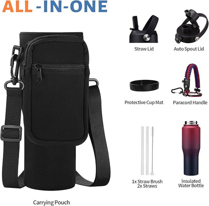 32/40 oz Insulated Water Bottle with straw Fit in any Car Cup Holder, Keep Cold 48H Hot 24H，Stainless Steel Water Bottle with Spout lid, Carrier Bag, Paracord Handle for Gym, Workout & Beach