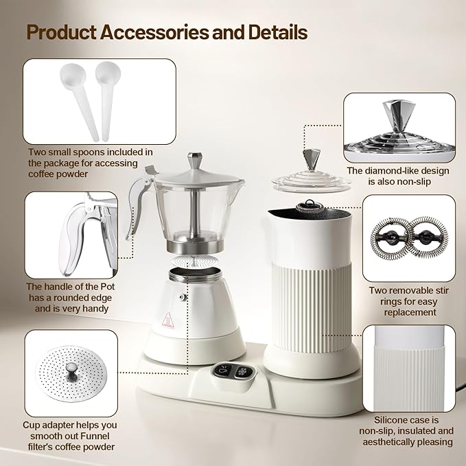 Electric Espresso Machine with Milk Frother 2 in 1 Efficient Moka Pot Coffee Maker with Milkfroth Aluminum One-Touch Operation for Effortless Cappuccinos Lattes Macchiatos White